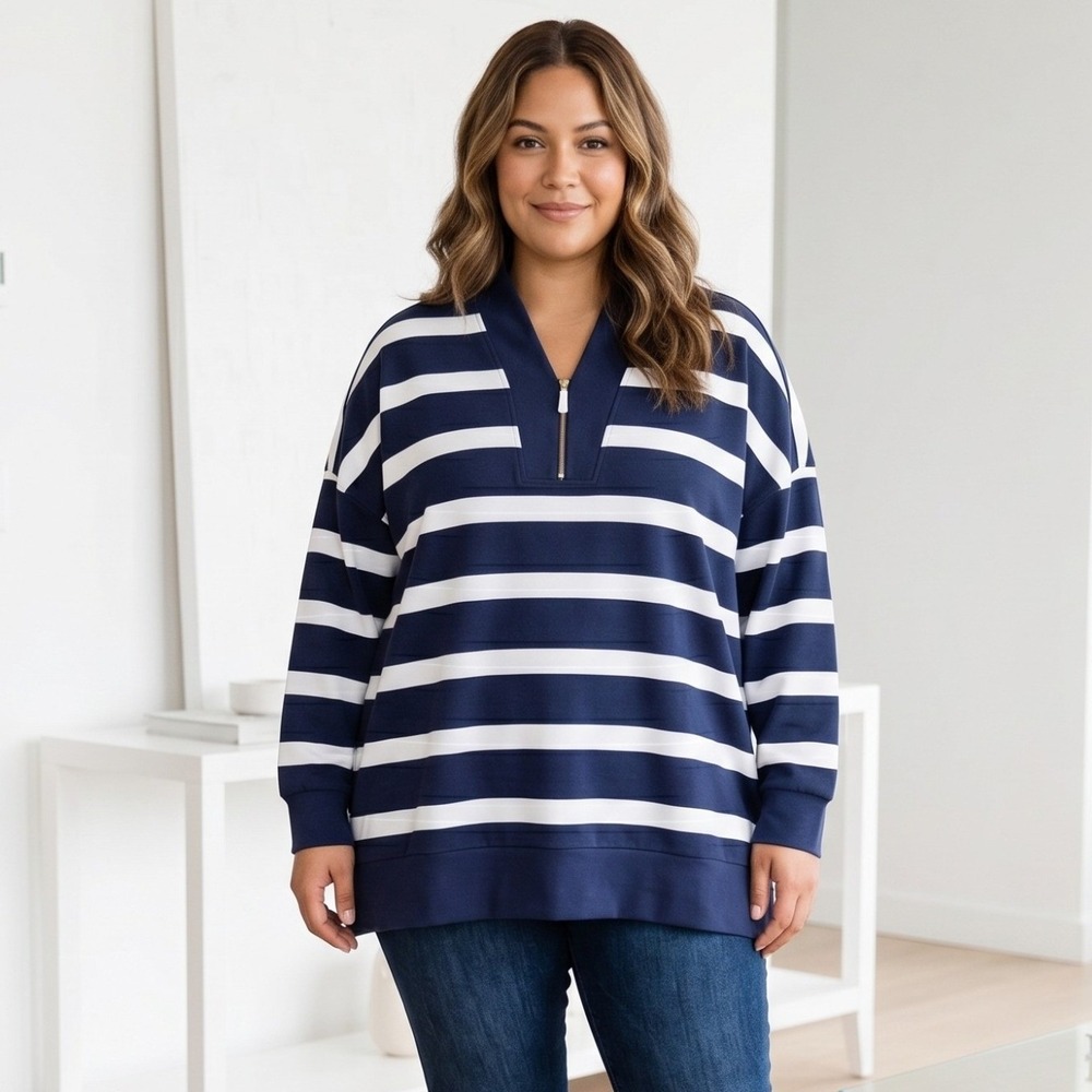 Belle and Bloom Tunic Women 4X Navy White Striped Quarter Zip Oversized Soft NWT